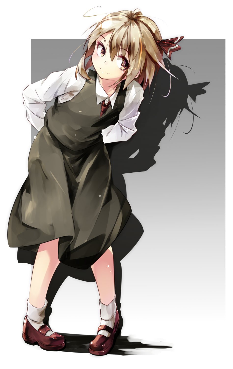 1girl arms_behind_back black_skirt blonde_hair collared_shirt dress_shirt eyelashes full_body gorilla_(bun0615) gradient gradient_background hair_ribbon highres leaning_forward long_sleeves mary_janes medium_dress medium_skirt necktie pigeon-toed red_neckwear red_ribbon ribbon rumia shadow shirt shoes short_hair skirt skirt_set smile socks solo touhou vest white_shirt yellow_eyes