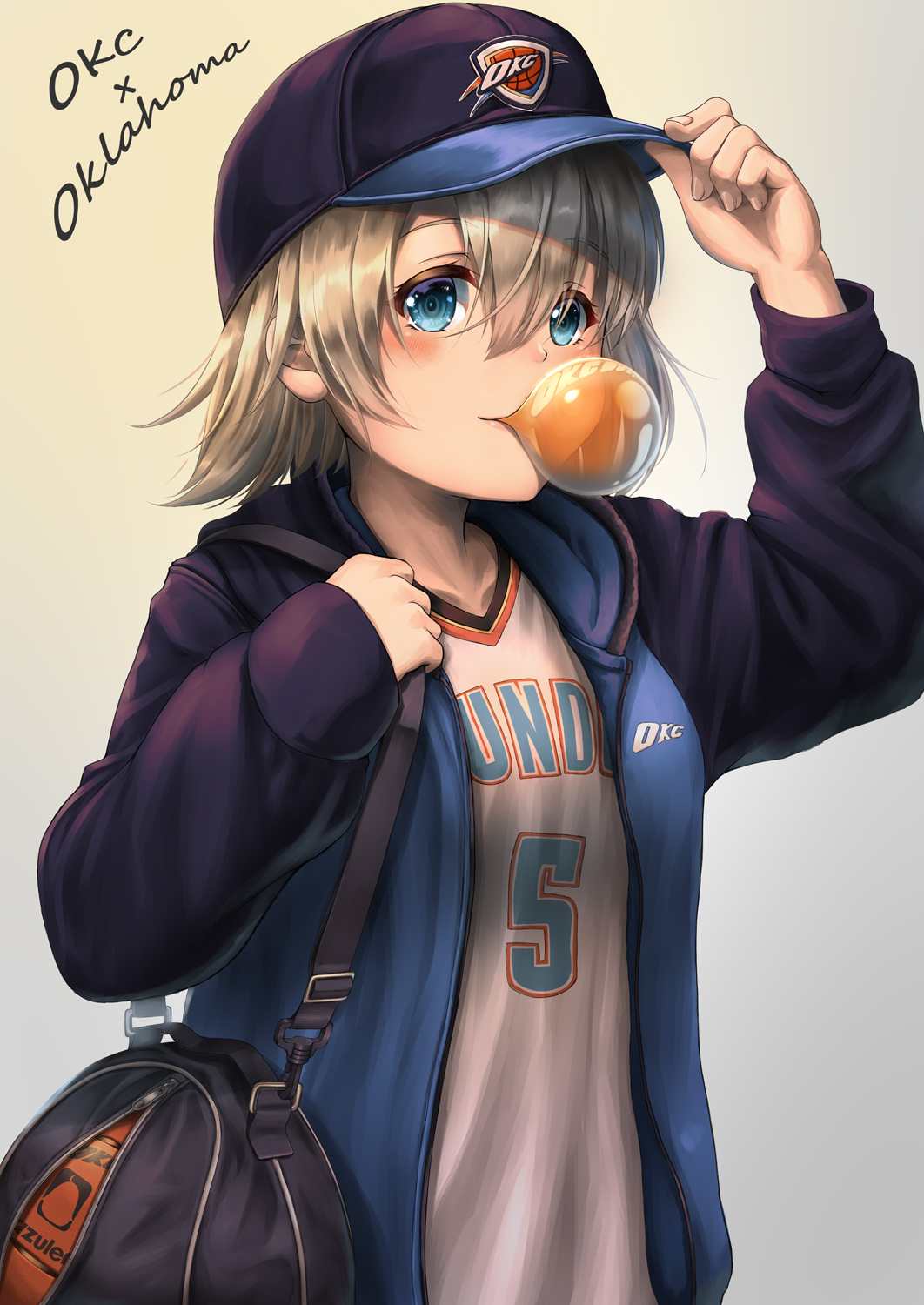 1girl adjusting_clothes adjusting_headwear azur_lane baseball_cap basketball basketball_uniform blonde_hair blue_eyes bubble_blowing chewing_gum commentary_request gradient gradient_background grey_background hat highres jacket jersey logo long_sleeves looking_at_viewer namesake national_basketball_association oklahoma_(azur_lane) oklahoma_city_thunder short_hair solo sportswear track_jacket upper_body yakkuro