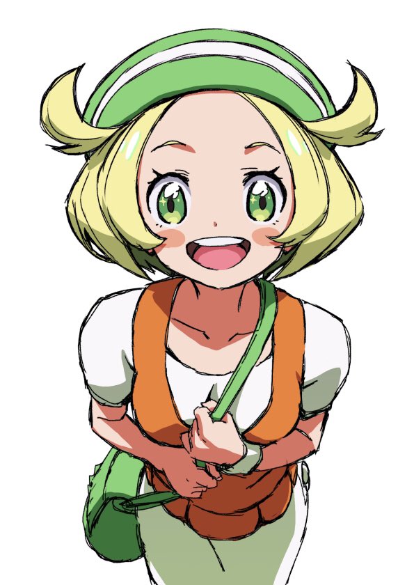 1girl bag bianca_(pokemon) blonde_hair blush_stickers collarbone commentary from_above green_eyes green_headwear hat holding_strap looking_at_viewer looking_up open_mouth pokemon pokemon_(game) pokemon_bw shiny shiny_hair short_hair short_sleeves shoulder_bag solo tongue upper_teeth white_background yoko.u