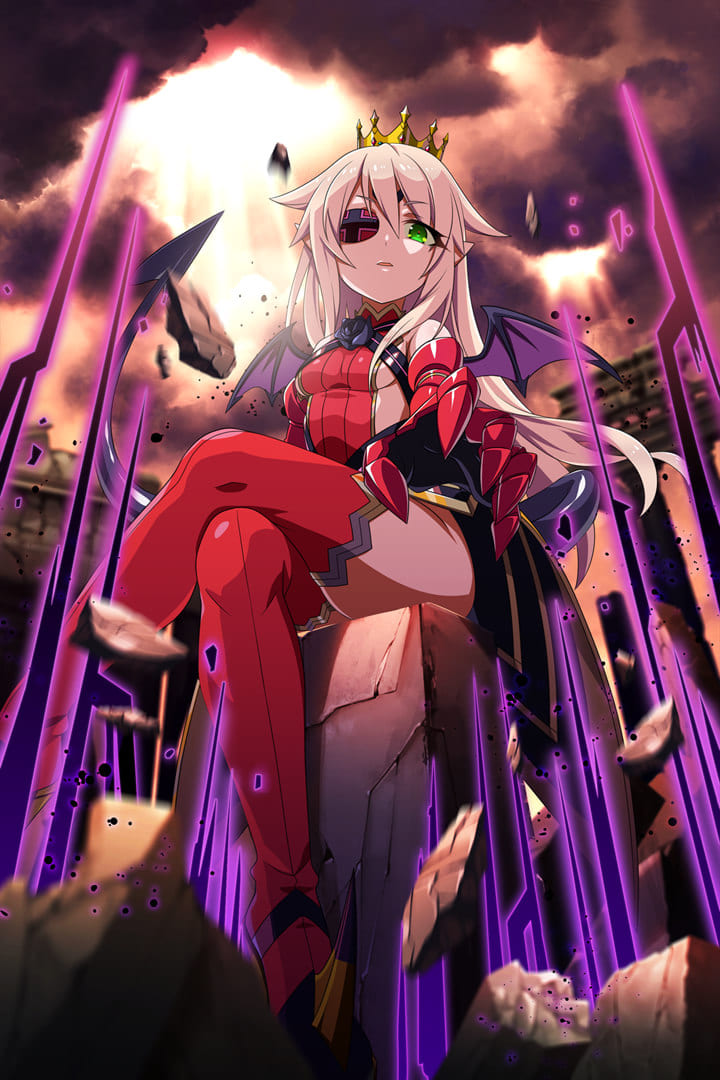 1girl aldra_(queen's_blade) armor armored_dress black_sclera boots breasts crossed_legs crown curled_horns demon_girl demon_horns demon_tail demon_wings elbow_gloves eyepatch fang gauntlets gloves greaves green_eyes high_heels horns long_hair official_art platinum_blonde_hair pointy_ears queen's_blade queen's_blade_unlimited queen's_blade_white_triangle sidelocks sitting small_breasts smile solo tail thigh-highs very_long_hair weapon wings