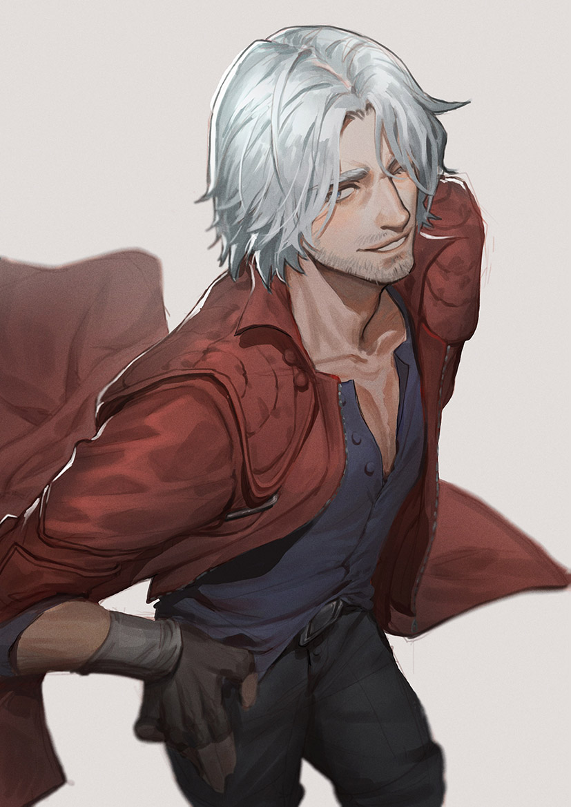 1boy bangs black_gloves black_pants blue_eyes blue_shirt coat collarbone cowboy_shot dante_(devil_may_cry) devil_may_cry devil_may_cry_5 english_commentary facial_hair fingerless_gloves fulushouxijixiangcha gloves grey_background hair_between_eyes hair_over_one_eye hand_on_hip long_coat looking_at_viewer male_focus one_eye_closed pants parted_bangs partially_unbuttoned pectorals red_coat shirt silver_hair simple_background sleeve_rolled_up smile solo standing stubble