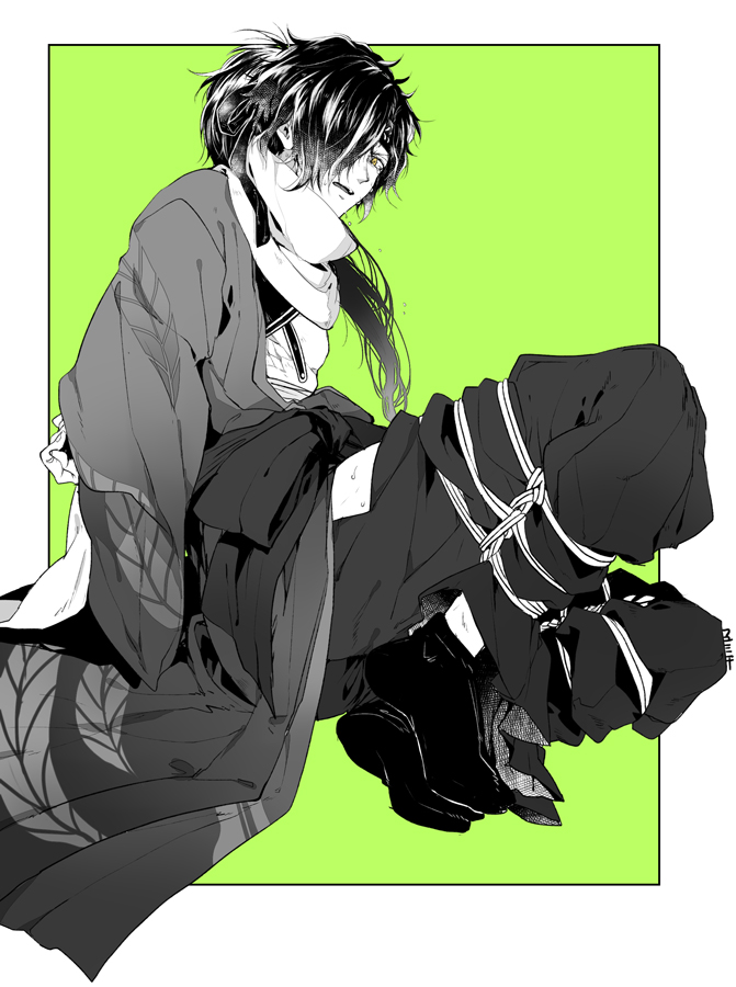 1boy abs alternate_costume bdsm black_hair bondage bound bound_legs bound_wrists fate/grand_order fate_(series) fu_yukari full_body greyscale hair_over_one_eye japanese_clothes kimono koha-ace long_hair male_focus monochrome okada_izou_(fate) open_clothes open_kimono ponytail sandals simple_background toned toned_male