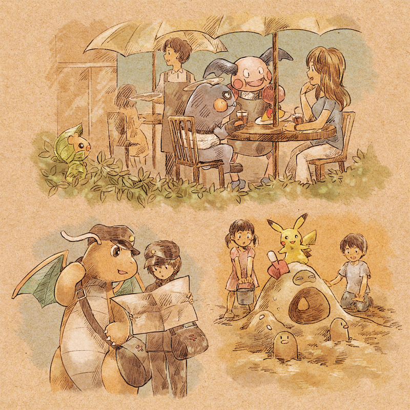 3boys 3girls apron bag blue_shirt brown_hair chair commentary_request croagunk diglett dragonite dress drinking_straw gen_1_pokemon gen_4_pokemon gen_5_pokemon gen_7_pokemon glass hat holding holding_paper leaf long_hair matsuri_(matsuike) mr._mime multiple_boys multiple_girls outdoors pants paper pikachu pink_dress pokemon pokemon_(creature) sand sandygast sewaddle shirt short_sleeves shoulder_bag sitting t-shirt table waiter white_shirt