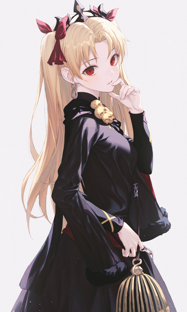 1girl bangs birdcage black_dress cage chain cowboy_shot dress earrings ereshkigal_(fate/grand_order) eyebrows_visible_through_hair fate/grand_order fate_(series) from_side grey_background hair_ribbon hand_on_own_chin hiera12 holding jewelry long_hair long_sleeves looking_at_viewer looking_to_the_side parted_bangs parted_lips red_eyes red_ribbon ribbon simple_background skull sleeves_past_wrists smile solo tiara two_side_up very_long_hair
