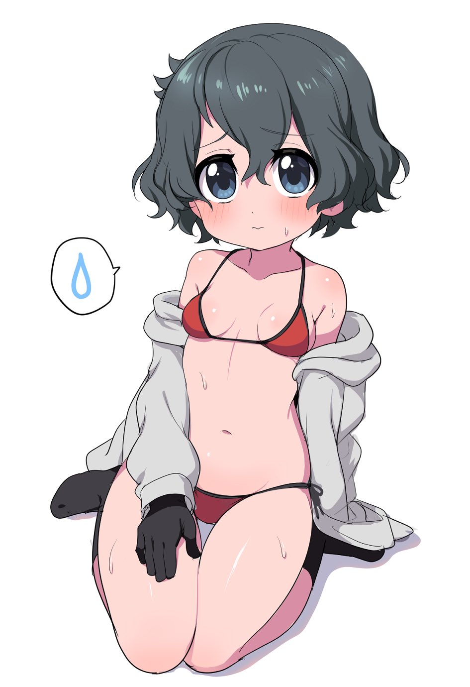 1girl bangs bikini black_eyes black_gloves black_hair black_legwear blush breasts closed_mouth commentary eyebrows_visible_through_hair frown gloves grey_shirt highres kaban_(kemono_friends) kemono_friends leaning_to_the_side long_sleeves looking_at_viewer no_pants off_shoulder open_clothes open_shirt ransusan red_bikini shirt short_hair side-tie_bikini simple_background sitting small_breasts socks solo spoken_sweatdrop string_bikini sweat sweatdrop swimsuit thigh_gap wariza wavy_hair white_background