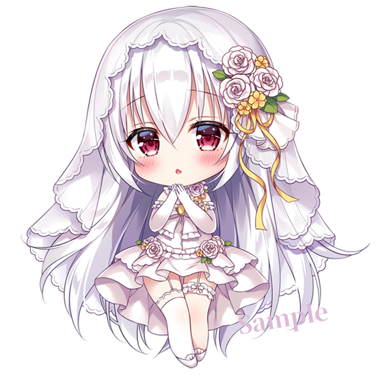1girl :o bangs blush bridal_veil chibi commentary_request dress elbow_gloves eyebrows_visible_through_hair fang flower frilled_dress frills full_body garter_straps gloves hair_between_eyes hair_flower hair_ornament hands_up long_hair looking_at_viewer mitsuba_choco original parted_lips pleated_dress red_eyes ribbon rose sample see-through simple_background single_thighhigh solo thigh-highs veil very_long_hair wedding_dress white_background white_dress white_flower white_gloves white_hair white_legwear white_rose yellow_flower yellow_ribbon