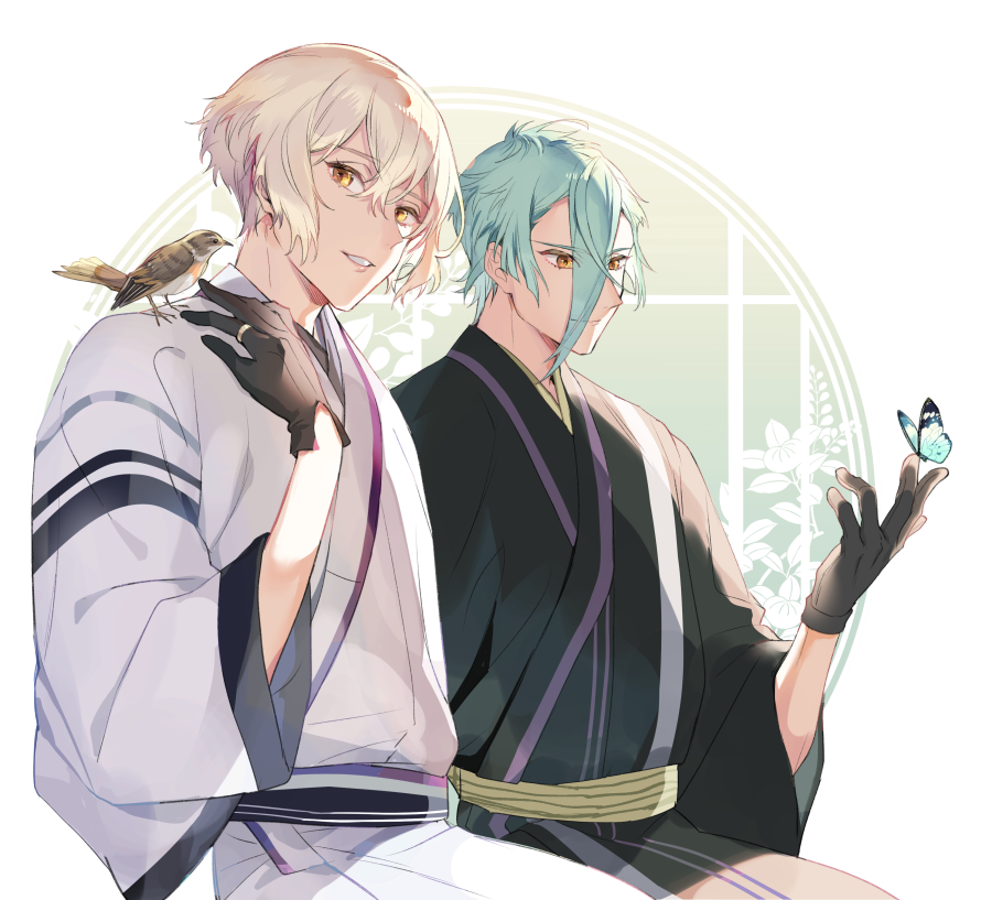 2boys animal_on_shoulder bird bird_on_shoulder black_gloves blonde_hair bug butterfly butterfly_on_hand gloves green_hair higekiri_(touken_ranbu) hizamaru_(touken_ranbu) insect japanese_clothes kimono kuroemon male_focus multiple_boys sitting smile touken_ranbu yellow_eyes yukata