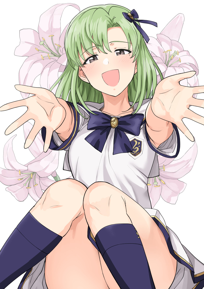 1girl :d bangs blue_bow blue_legwear blue_neckwear blush bow bowtie collarbone commentary_request emblem eyebrows_visible_through_hair feet_out_of_frame floral_background flower foreshortening green_hair grey_eyes hair_between_eyes hair_bow highres idolmaster idolmaster_(classic) idolmaster_stella_stage kneehighs knees_together_feet_apart long_hair looking_at_viewer miniskirt mole mole_under_eye open_mouth outstretched_arms parted_bangs pink_flower reaching_out sailor_collar school_uniform serafuku shiika_(idolmaster) shirt short_sleeves sitting skirt smile solo tsurui white_background white_sailor_collar white_shirt white_skirt