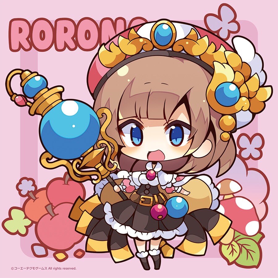 1girl :d apple atelier_(series) atelier_rorona bangs black_footwear black_skirt blue_eyes blush boots breasts brown_hair character_name chibi cloak eyebrows_visible_through_hair floral_background food frilled_cloak frilled_skirt frills fruit full_body hat high-waist_skirt holding holding_staff knee_boots long_hair looking_at_viewer medium_breasts mushroom muuran official_art open_mouth pink_background pink_cloak pleated_skirt red_apple red_headwear rororina_fryxell skirt smile solo staff standing two-tone_background