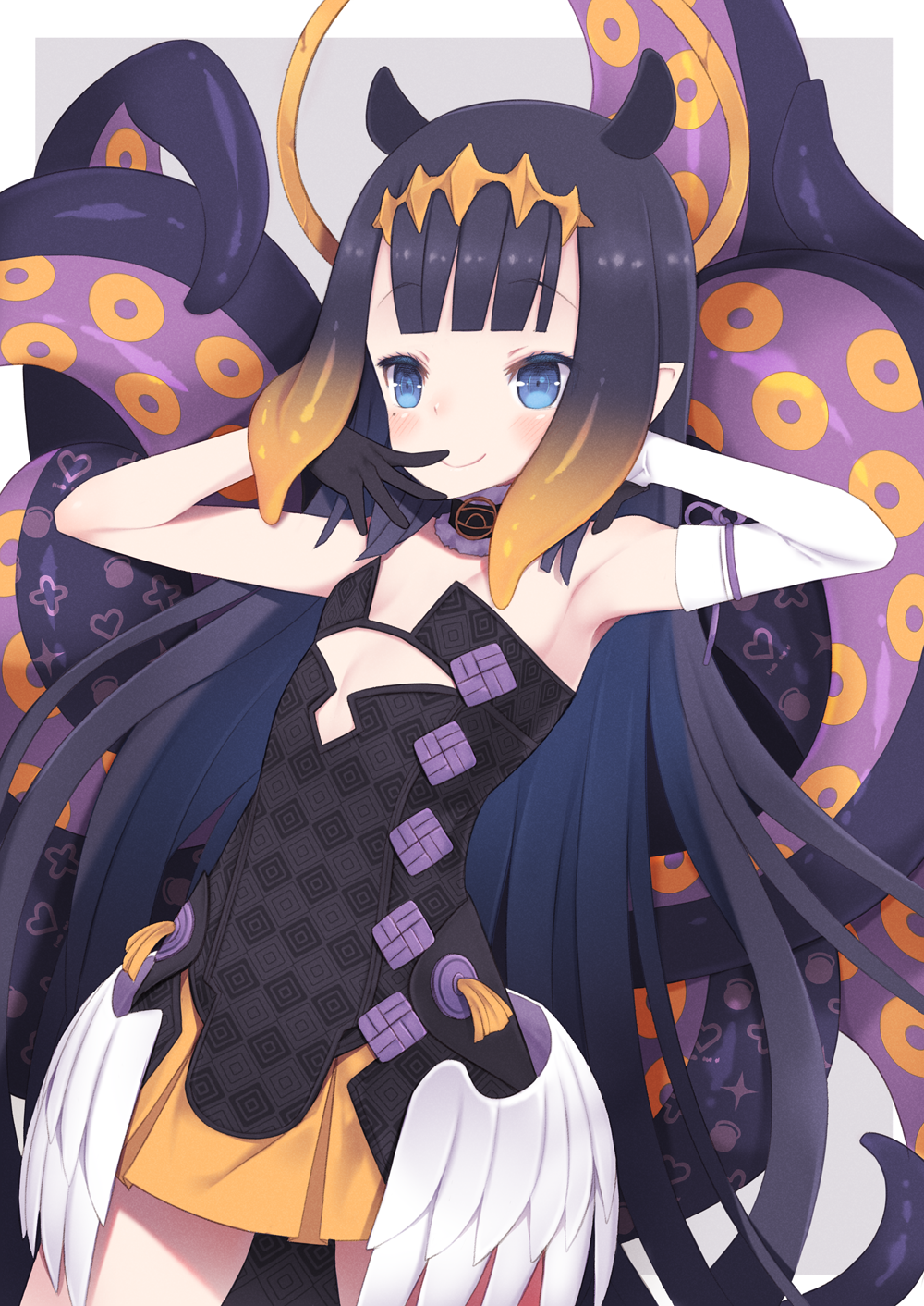 1girl arashiya armpits bare_shoulders black_dress black_gloves black_hair blue_eyes blush breasts brown_hair closed_mouth commentary_request detached_sleeves dress feathered_wings gloves gradient_hair grey_background halo hands_up highres hololive hololive_english long_hair long_sleeves low_wings multicolored_hair ninomae_ina'nis pointy_ears sidelocks single_detached_sleeve small_breasts smile solo standing strapless strapless_dress suction_cups tentacles two-tone_background very_long_hair virtual_youtuber white_background white_sleeves white_wings wings