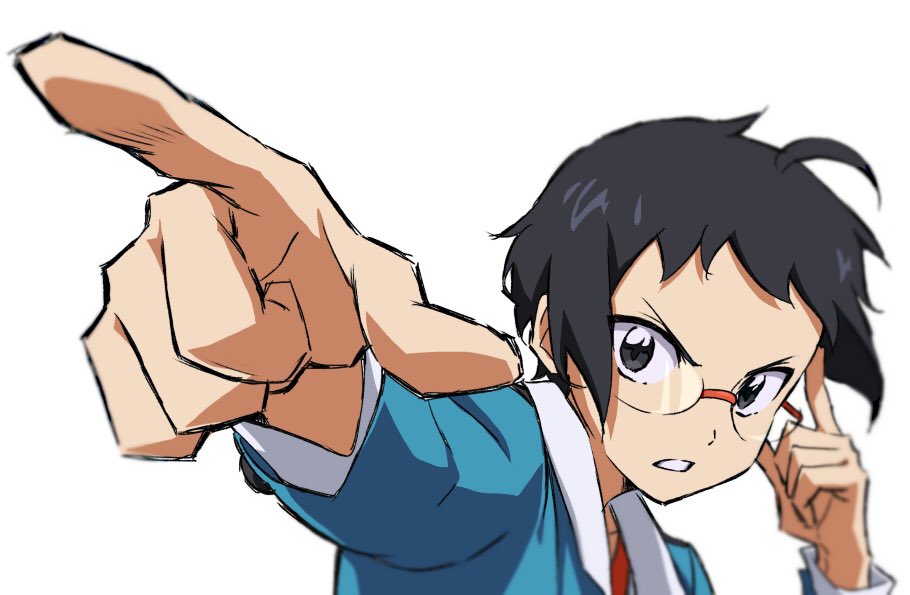 1boy ahoge black_eyes black_hair blue_jacket cheren_(pokemon) commentary glasses hands_up jacket long_sleeves looking_to_the_side outstretched_arm parted_lips pointing pokemon pokemon_(game) pokemon_bw rimless_eyewear short_hair solo teeth yoko.u