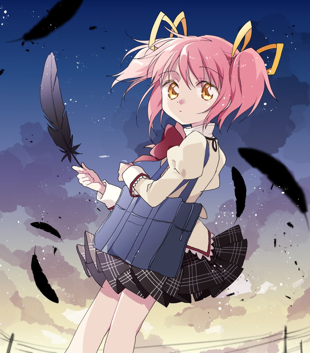 1girl ayumaru_(art_of_life) bag bare_legs black_feathers black_skirt blue_sky blurry clouds cloudy_sky colored_eyelashes dark_sky depth_of_field dot_nose dutch_angle evening expressionless eyebrows_visible_through_hair feathers feet_out_of_frame floating_hair gradient gradient_sky grey_sky hair_ribbon high_collar holding holding_feather juliet_sleeves kaname_madoka legs_together long_sleeves looking_at_viewer looking_back mahou_shoujo_madoka_magica mahou_shoujo_madoka_magica_movie mitakihara_school_uniform neck_ribbon outdoors parted_lips pink_hair plaid plaid_skirt pleated_skirt power_lines puffy_sleeves red_ribbon ribbon school_bag school_uniform shiny shiny_hair skirt sky solo tareme twintails uniform wind wind_lift yellow_eyes yellow_ribbon yellow_sky