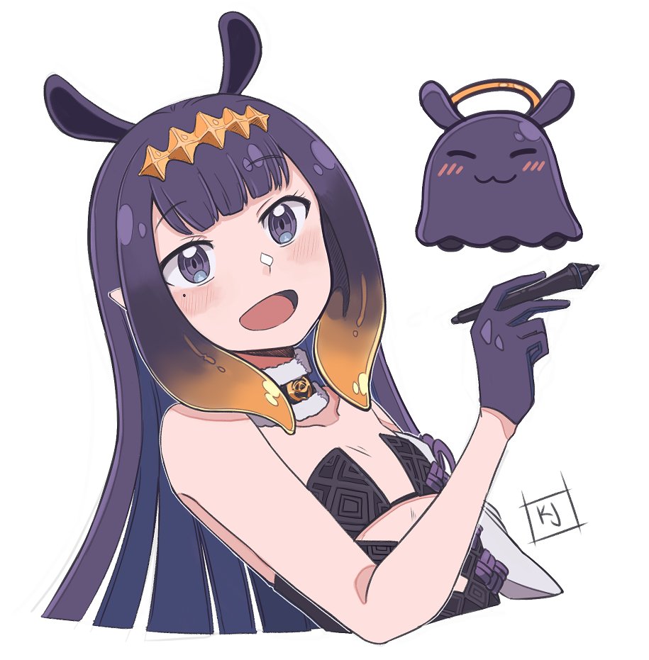 bangs blunt_bangs breasts choker dress gloves halo holding hololive hololive_english kusojack looking_at_viewer mole mole_under_eye ninomae_ina'nis pointy_ears small_breasts smile strapless strapless_dress stylus tako_(ninomae_ina'nis) tentacle_hair virtual_youtuber white_background