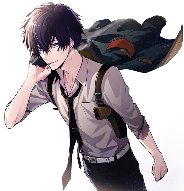 1boy belt black_hair black_neckwear brown_hair cigarette clenched_hand collar_x_malice gun holster jacket jacket_removed looking_at_viewer male_focus mouth_hold necktie ouka_mai pants shirt shoulder_holster smoking weapon white_background white_shirt yanagi_aiji