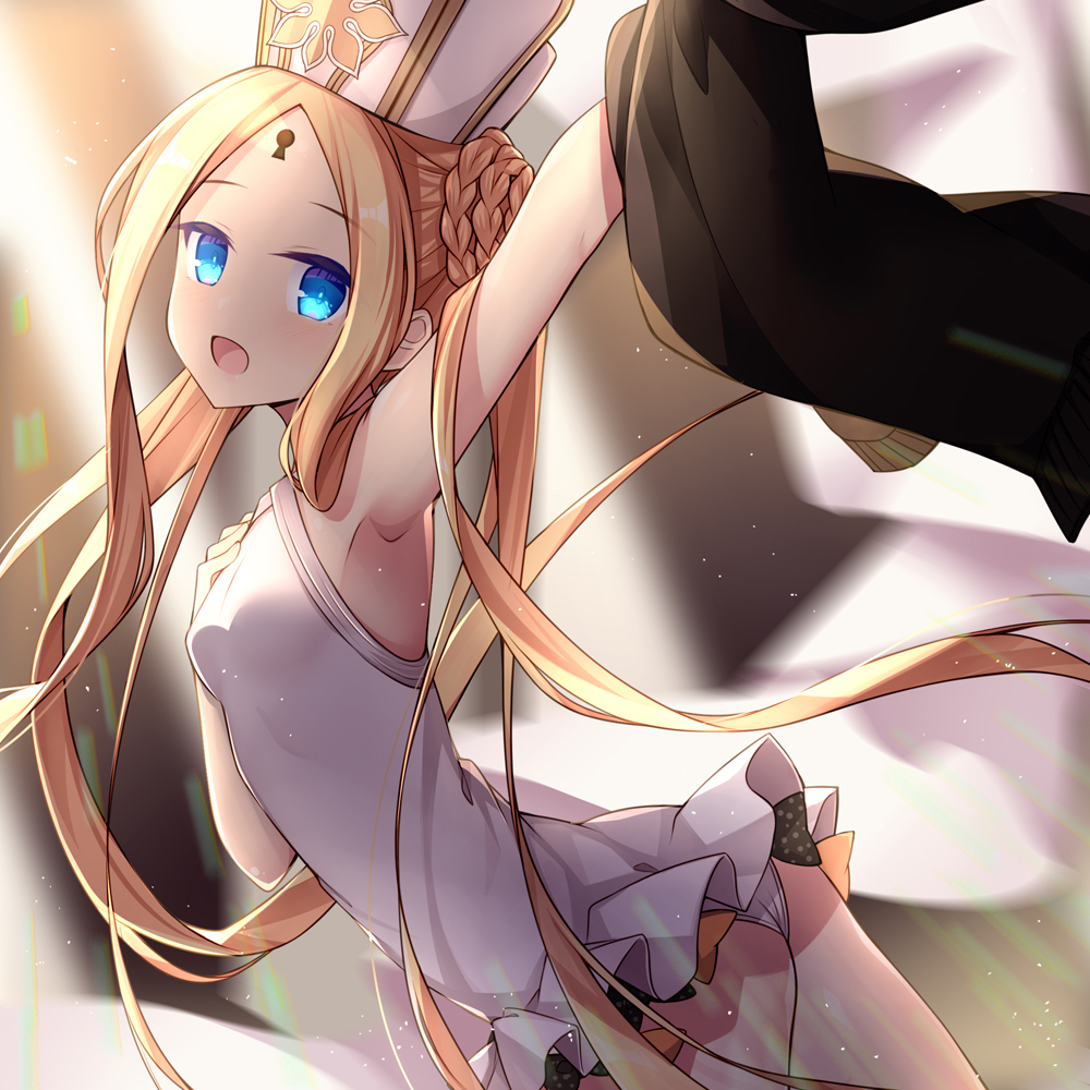 1girl :d abigail_williams_(fate/grand_order) abigail_williams_(swimsuit_foreigner)_(fate) amemiya_ruki armpits ass bangs bare_shoulders black_bow black_jacket blonde_hair blue_eyes blurry blurry_background blush bow braid breasts casual_one-piece_swimsuit commentary_request depth_of_field eyebrows_visible_through_hair fate/grand_order fate_(series) frilled_swimsuit frills from_side hat jacket keyhole long_hair looking_at_viewer looking_to_the_side one-piece_swimsuit open_mouth orange_bow outstretched_arm parted_bangs polka_dot polka_dot_bow small_breasts smile solo swimsuit twintails twisted_torso very_long_hair white_headwear white_swimsuit