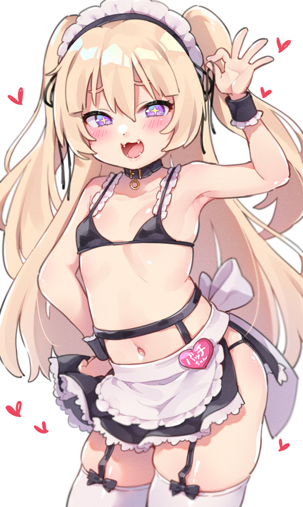 +_+ 1girl :d apron arm_up armpits azur_lane bache_(azur_lane) bare_shoulders bikini black_bikini black_choker black_skirt blonde_hair breasts choker fangs garter_straps hand_on_hip highres long_hair looking_at_viewer maid_apron maid_bikini maid_headdress micro_bikini miniskirt navel open_mouth side_slit skindentation skirt small_breasts smile solo stomach swimsuit symbol-shaped_pupils thigh-highs trente two_side_up violet_eyes waist_apron white_legwear wrist_cuffs