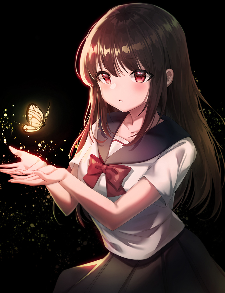 1girl :&lt; bangs black_background black_sailor_collar black_skirt blush bow brown_hair bug butterfly closed_mouth collarbone cowboy_shot eyebrows_visible_through_hair glowing_butterfly insect light_particles long_hair looking_at_viewer original outstretched_hand picter red_bow red_eyes sailor_collar school_uniform serafuku shirt short_sleeves simple_background skirt solo white_shirt