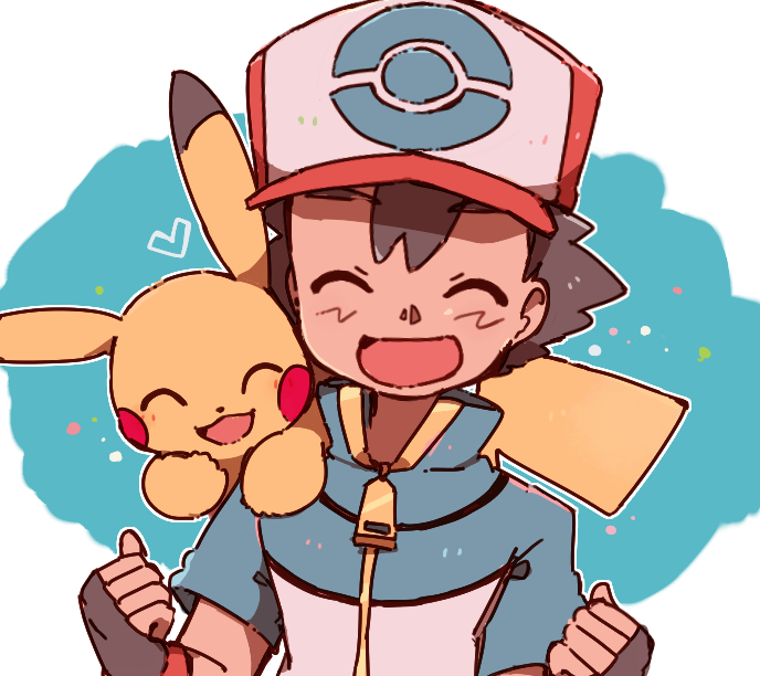 1boy :d ash_ketchum bangs baseball_cap blue_jacket blush brown_gloves brown_hair clenched_hands closed_eyes eyebrows_visible_through_hair fingerless_gloves gen_1_pokemon gloves hands_up hat heart jacket on_shoulder open_mouth pikachu pokemon pokemon_(anime) pokemon_(creature) pokemon_bw_(anime) pokemon_on_shoulder smile tongue yukikokoro zipper_pull_tab