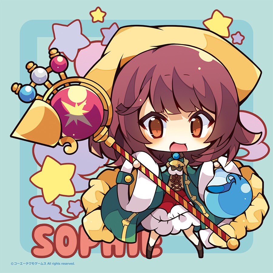 1girl :d atelier_(series) atelier_sophie bangs blue_background blush breasts brown_eyes brown_hair character_name chibi coat eyebrows_visible_through_hair frilled_skirt frills full_body green_coat head_scarf holding holding_staff long_sleeves looking_at_viewer medium_breasts multicolored_hair muuran official_art open_clothes open_coat open_mouth potion red_skirt skirt smile solo sophie_neuenmuller staff standing starry_background two-tone_hair underbust watermark wide_sleeves