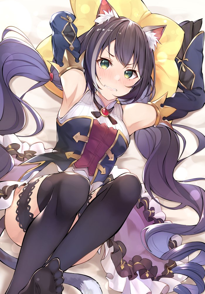 1girl animal_ear_fluff animal_ears armpits arms_up bangs black_hair black_legwear blush brat breasts cat_ears cat_girl cat_tail clenched_teeth dress feet frilled_dress frills garters karyl_(princess_connect!) leg_garter long_hair long_sleeves low_twintails lying multicolored_hair on_back pillow princess_connect! princess_connect!_re:dive solo streaked_hair sweat tail teeth thigh-highs twintails very_long_hair white_hair