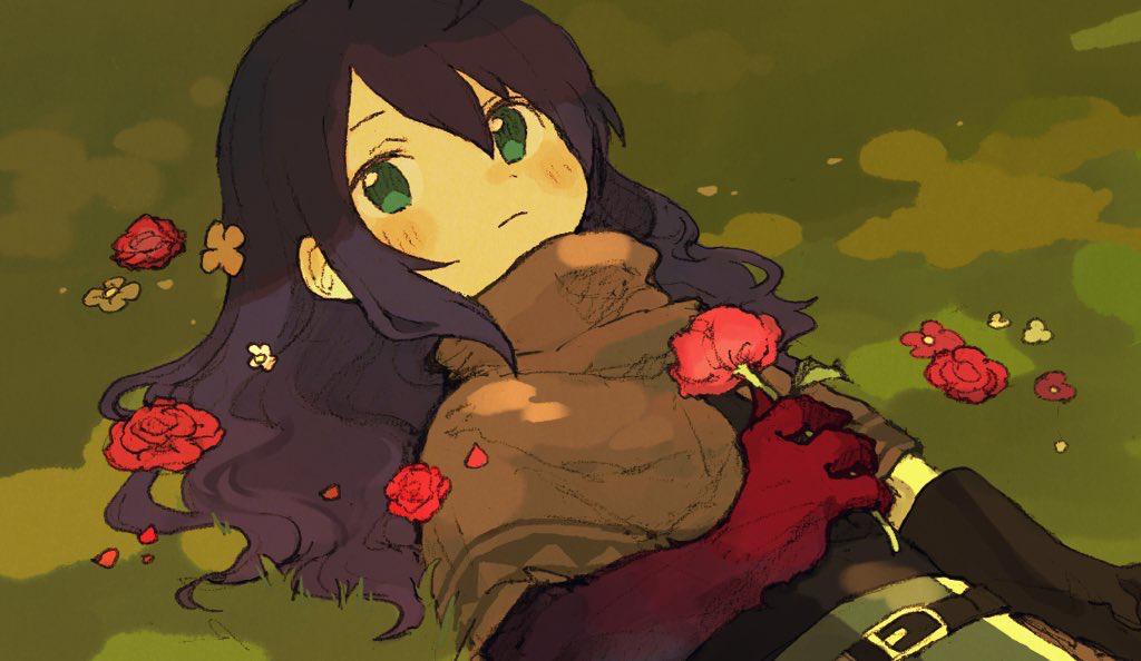 1boy androgynous belt black_hair fantasy flower gloves green_eyes holding holding_flower long_hair lying maniani monster_boy on_back original petals rose rose_petals shawl solo