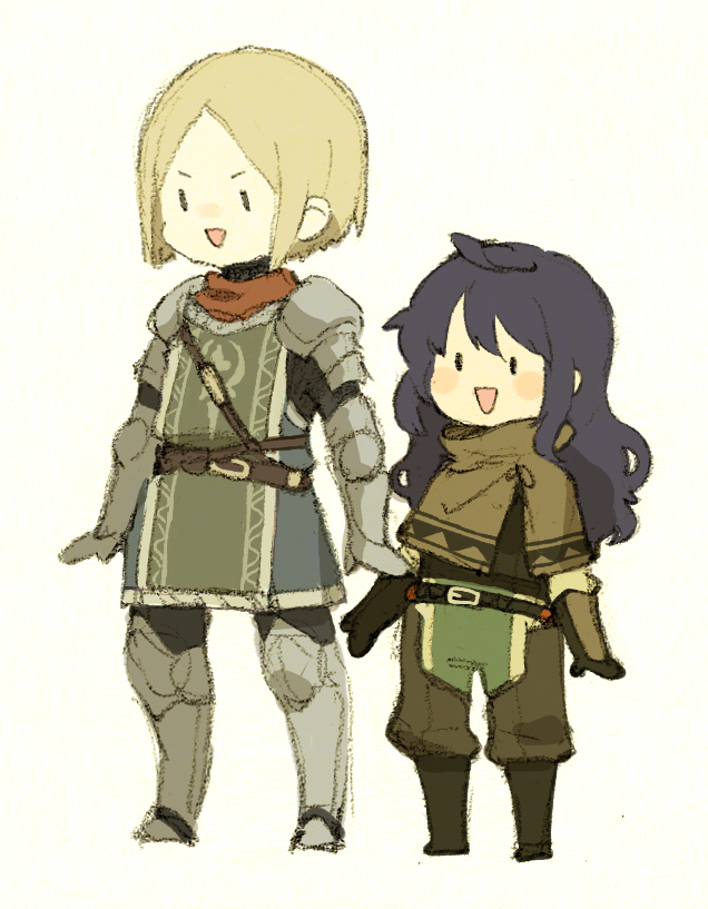 2boys ahoge androgynous black_hair blonde_hair chibi full_body knight long_hair maniani multiple_boys original plate_armor shawl short_hair simple_background |_|