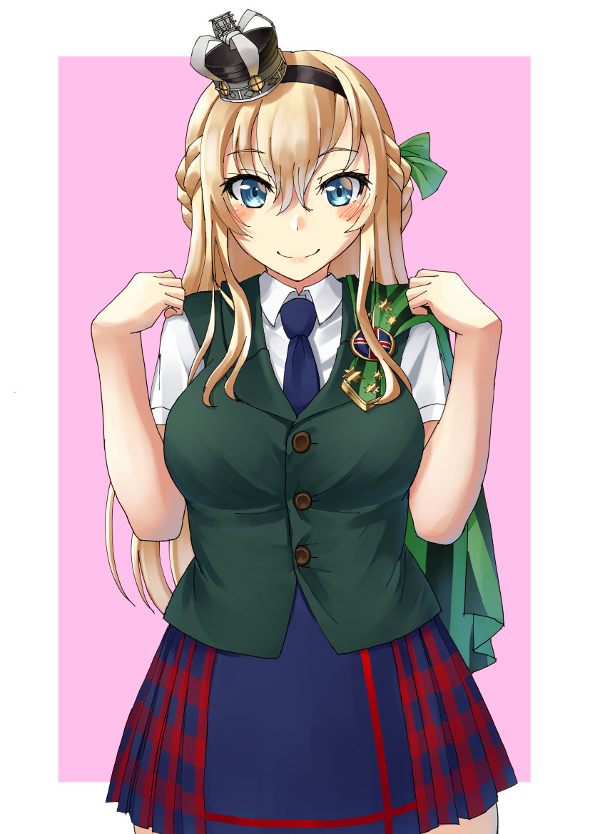 1girl bangs blonde_hair blue_eyes blue_neckwear blush braid breasts cloak cosplay crown eyebrows_visible_through_hair french_braid green_cloak green_vest hair_ribbon kantai_collection lips long_hair mayura2002 mini_crown necktie perth_(kantai_collection) perth_(kantai_collection)_(cosplay) plaid plaid_skirt ribbon seiyuu_connection shirt short_sleeves simple_background skirt smile solo two-tone_background vest warspite_(kantai_collection) white_shirt