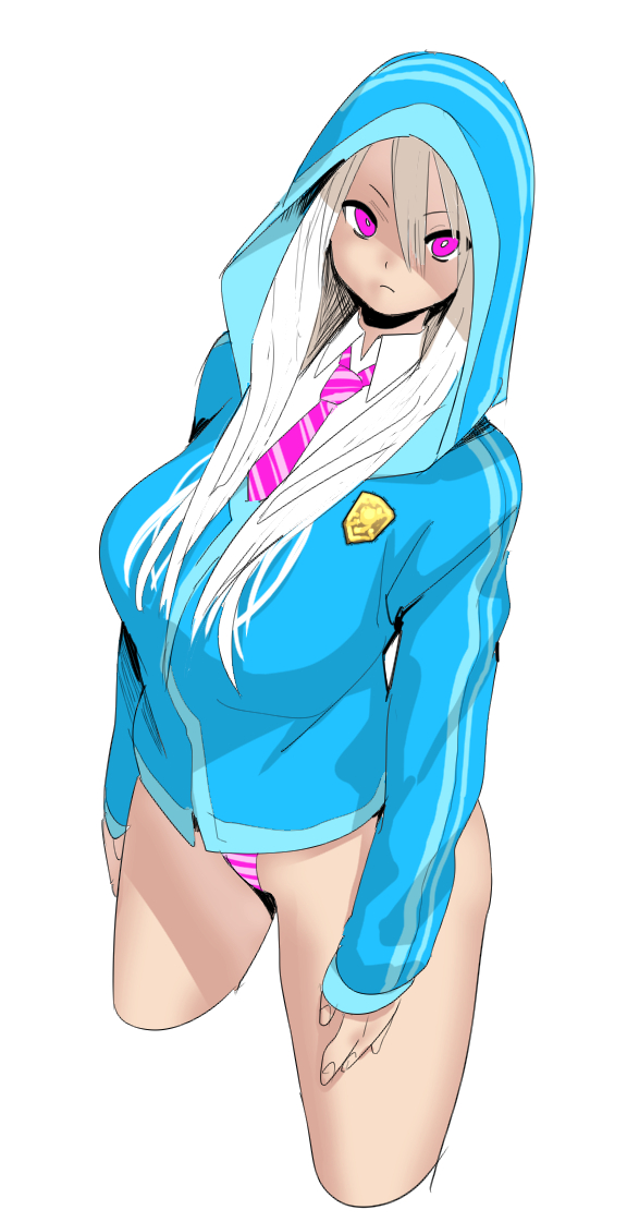 &gt;:( 1girl arms_at_sides bangs blue_hoodie breasts bright_pupils character_request closed_mouth collared_shirt commentary_request copyright_request cowboy_shot cropped_legs emblem eyebrows_visible_through_hair from_above hair_between_eyes hood hood_up hoodie large_breasts long_hair long_sleeves looking_at_viewer necktie no_pants panties pants pink_eyes pink_neckwear pink_panties shirt sidelocks simple_background sleeves_past_wrists solo striped striped_neckwear striped_panties swept_bangs thighs underwear velzhe vertical_stripes violet_eyes white_background white_hair white_pupils white_shirt wing_collar