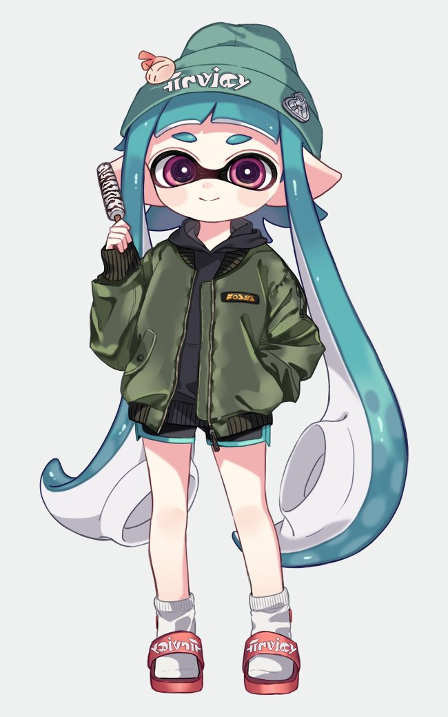 1girl aqua_hair bangs beanie black_shirt black_shorts blunt_bangs closed_mouth clothes_writing commentary dolphin_shorts domino_mask food full_body green_headwear green_jacket grey_background hand_in_pocket hat holding holding_food hood hood_down hoodie inkling inkling_(language) jacket logo long_hair long_sleeves looking_at_viewer maco_spl mask open_clothes open_jacket pointy_ears popsicle red_footwear sandals shirt short_shorts shorts simple_background smile socks solo splatoon_(series) symbol_commentary tentacle_hair very_long_hair violet_eyes white_legwear zipper