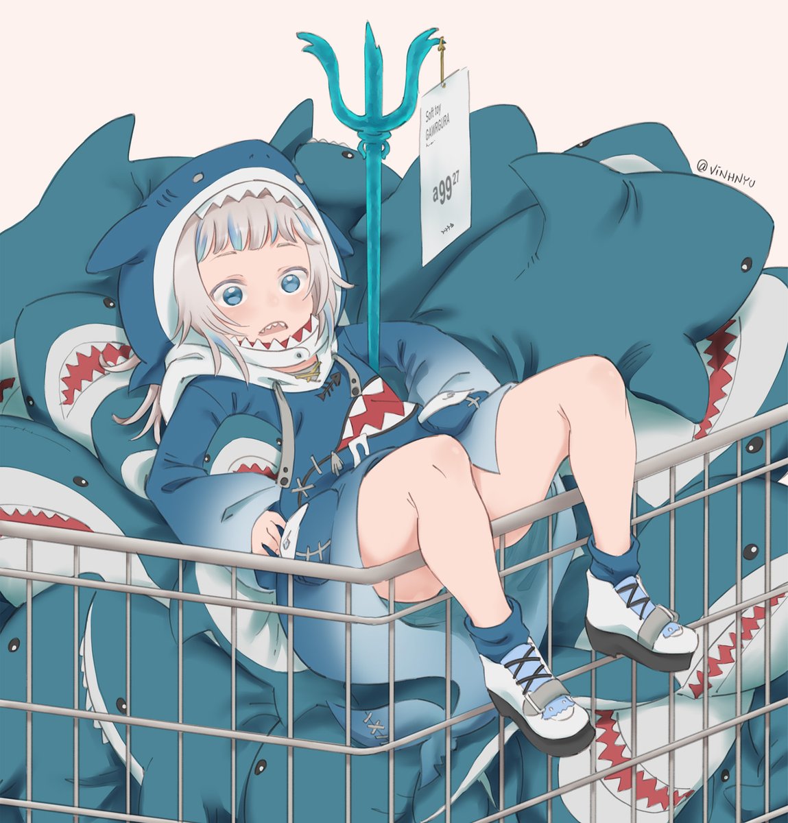 1girl bangs blue_eyes blue_hair blue_hoodie blue_legwear brown_background character_name commentary drawstring english_commentary fake_tail gawr_gura grey_hair highres hololive hololive_english hood hood_up hoodie ikea_shark knees_up long_sleeves lying multicolored_hair on_back parted_lips shark_hood shark_tail sharp_teeth shoes simple_background sleeves_past_wrists socks solo streaked_hair stuffed_animal stuffed_shark stuffed_toy tail teeth twitter_username vinhnyu virtual_youtuber white_footwear wide_sleeves