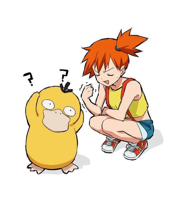 1girl ? angry bangs blue_shorts clenched_hand closed_eyes commentary_request confused eyelashes gen_1_pokemon hair_tie misty_(pokemon) open_mouth orange_hair pokemon pokemon_(anime) pokemon_(classic_anime) pokemon_(creature) psyduck shoes short_hair shorts side_ponytail sneakers squatting suspenders sweatdrop tank_top tied_hair tongue white_background yellow_tank_top yoko.u