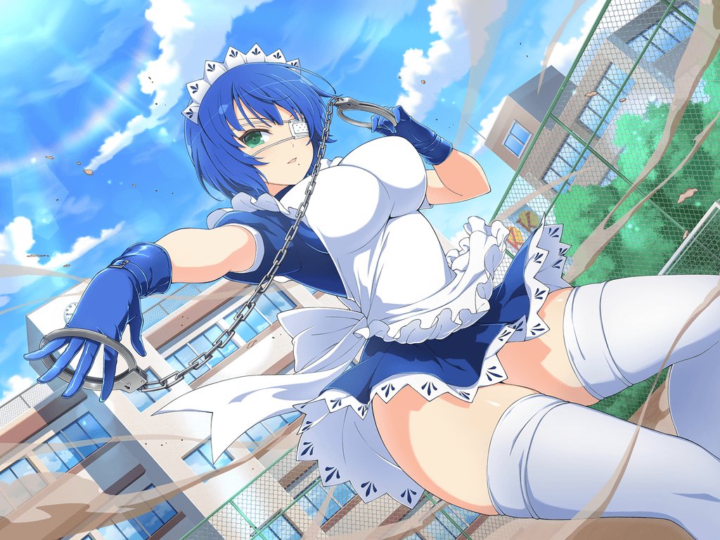 1girl alternate_costume antenna_hair apron aqua_eyes bangs blue_gloves blue_hair blue_shirt blue_skirt blue_sky blush bow breasts crossover cuffs day eyepatch frilled_apron frills gloves handcuffs hands_up ikkitousen large_breasts maid maid_apron maid_headdress medical_eyepatch medium_breasts miniskirt mole mole_under_mouth official_art one_eye_covered outdoors puffy_short_sleeves puffy_sleeves ryomou_shimei senran_kagura senran_kagura_new_link shirt short_hair short_sleeves skirt sky solo taut_clothes thigh-highs thighs white_apron white_bow white_legwear yaegashi_nan