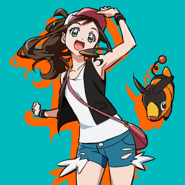 1girl :d arm_up armpits bag black_vest brown_hair clenched_hands collarbone denim denim_shorts eyelashes floating_hair gen_5_pokemon green_eyes happy hilda_(pokemon) long_hair looking_at_viewer open_mouth pink_bag pokemon pokemon_(creature) pokemon_(game) pokemon_bw shirt shorts shoulder_bag sidelocks sleeveless sleeveless_shirt smile tepig tongue torn_clothes torn_shorts vest white_shirt wristband yoko.u