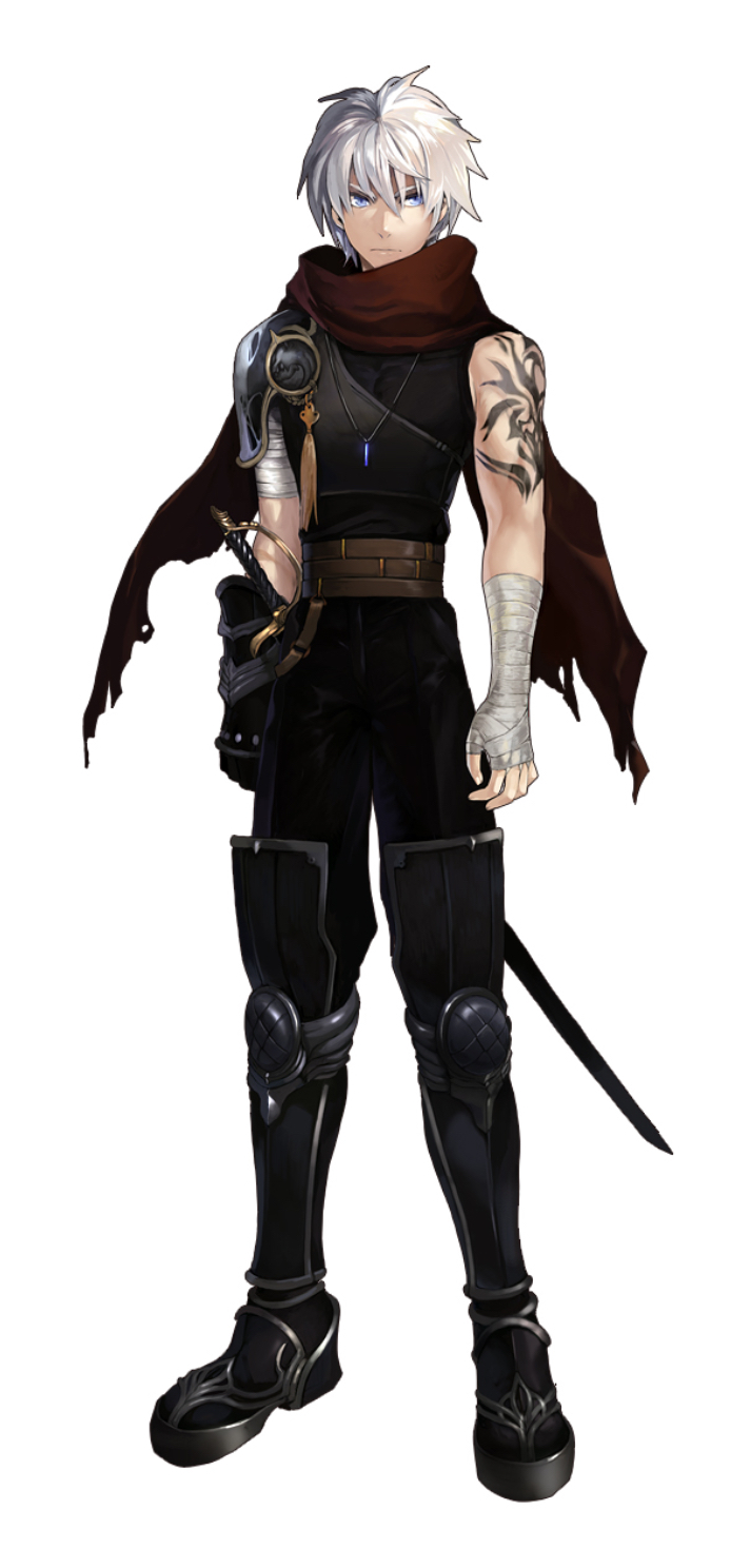 1boy absurdres bandaged_hand bandages black_outfit blue_eyes boots closed_mouth gauntlet highres inotia_4:_assassin_of_berkel kiyan_(inotia) looking_at_viewer official_art pendant scarf serious short_hair sword tattoo warrior white_hair