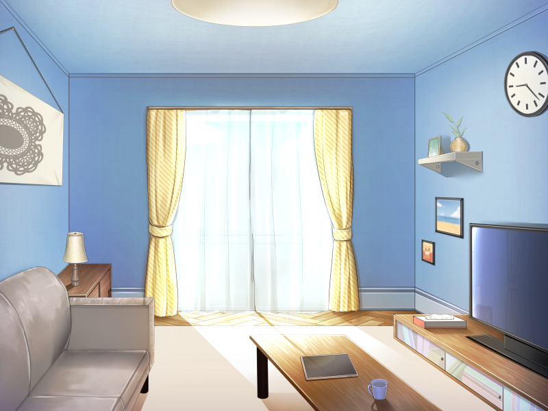 clock commentary_request couch cup curtains day flat_screen_tv indoors lamp mug no_humans original painting_(object) plant potted_plant reflection scenery shelf sunlight suzu_(minagi) table tablet_pc television tissue_box transparent wall_clock window