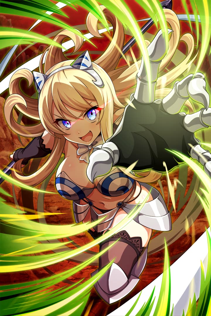 1girl armor aura bangs bikini_armor black_legwear black_panties blonde_hair blue_eyes bow bowtie breasts elina fang gauntlets greaves headgear highleg highleg_panties holding holding_weapon large_breasts long_hair looking_at_viewer navel official_art open_mouth outstretched_hand panties polearm queen's_blade queen's_blade_unlimited queen's_blade_white_triangle sidelocks single_gauntlet solo spear thigh-highs underwear weapon