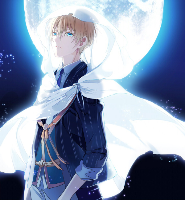 1boy blonde_hair blue_eyes cloak collared_shirt full_moon kuroemon male_focus moon necktie night night_sky parted_lips shirt sky touken_ranbu yamanbagiri_kunihiro