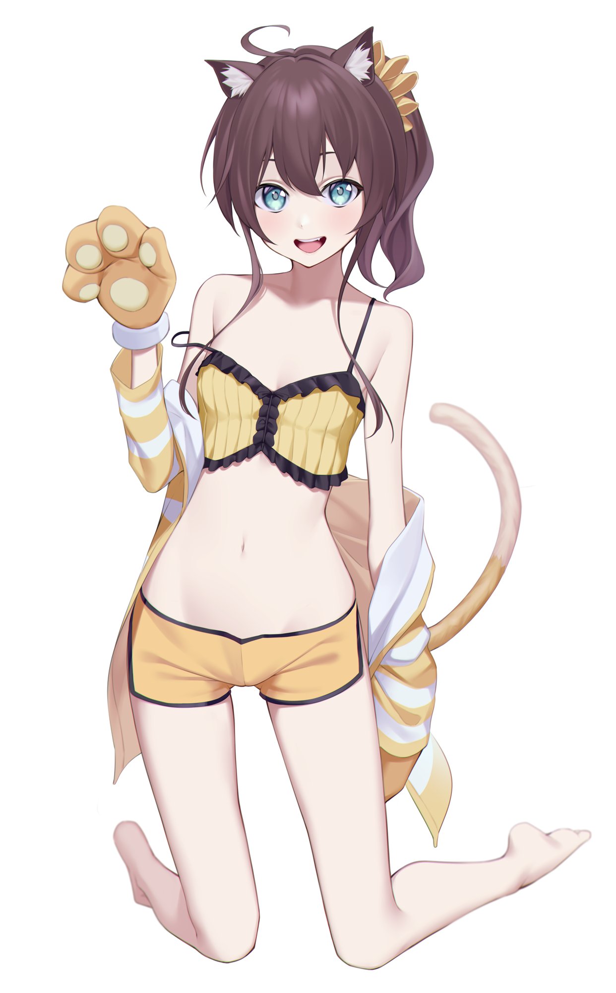 1girl :d ahoge animal_ear_fluff animal_ears aqua_eyes bangs bare_legs bare_shoulders barefoot camisole cat_ears cat_tail collarbone commentary full_body gloves hair_between_eyes hair_ornament hair_scrunchie hand_up highres hololive kemonomimi_mode kneeling kuen_(kuennn12) long_sleeves looking_at_viewer natsuiro_matsuri navel open_mouth paw_gloves paws scrunchie short_shorts shorts side_ponytail simple_background smile solo spaghetti_strap stomach strap_slip tail virtual_youtuber white_background yellow_camisole yellow_scrunchie yellow_shorts