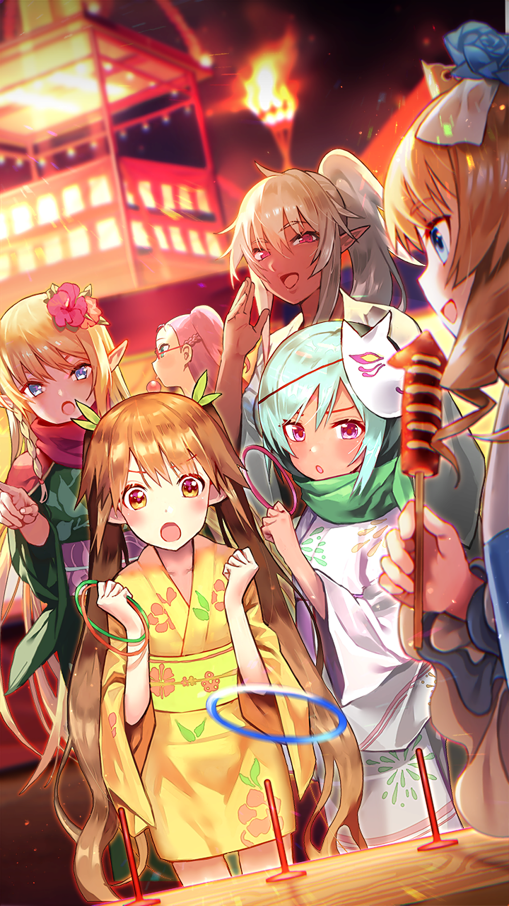 6+girls ahoge armor bangs blonde_hair blue_eyes blurry bow breasts brown_eyes brown_hair collarbone dark_elf dark_skin depth_of_field echidna_(queen's_blade) elf elina festival fire flower food glasses hair_bow hair_flower hair_ornament hair_ribbon hair_scrunchie highres holding japanese_clothes kimono large_breasts leina long_hair mask mei_(queen's_blade) multiple_girls night night_sky nowa official_art open_mouth outdoors pointy_ears ponytail profile purple_hair queen's_blade queen's_blade_unlimited queen's_blade_white_triangle red_eyes ribbon scarf scrunchie side_braids sidelocks silver_hair sky twintails very_long_hair violet_eyes yukata