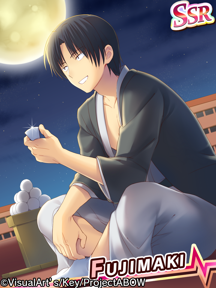 1boy angel_beats! artist_request bangs black_hair character_name commentary_request fujimaki_(angel_beats!) moon night outdoors shirt short_hair sitting solo teeth
