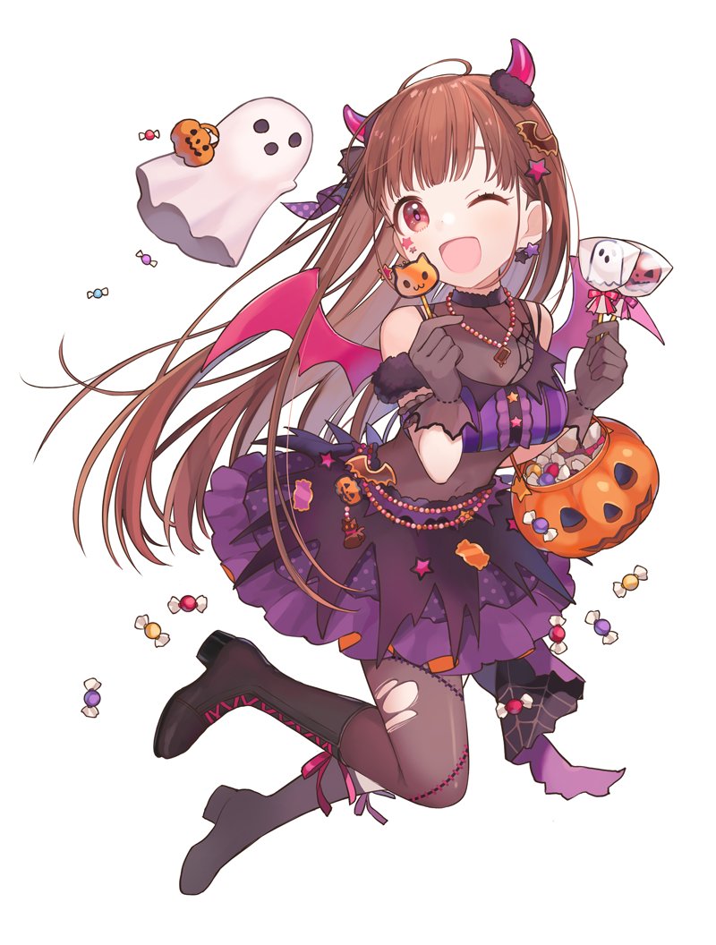 1girl ;d arm_cuffs bat_hair_ornament bat_wings black_footwear black_gloves boots brown_hair bubble_skirt candy chiri_(ch!) commentary covered_navel demon_horns food full_body ghost gloves hair_down hair_ornament halloween halloween_costume high_heel_boots high_heels horns idolmaster idolmaster_shiny_colors jack-o'-lantern knee_boots lollipop looking_at_viewer one_eye_closed open_mouth pantyhose purple_skirt red_eyes skirt sleeveless smile solo sonoda_chiyoko star_(symbol) star_hair_ornament torn_clothes torn_legwear white_background wings