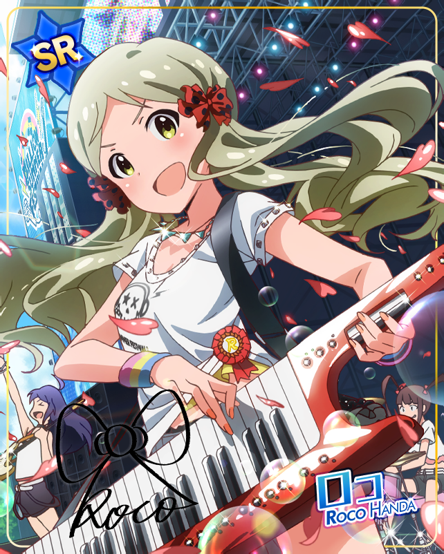 blush character_name green_hair handa_roko idolmaster_million_live!_theater_days long_hair shirt smile twintails yellow_eyes