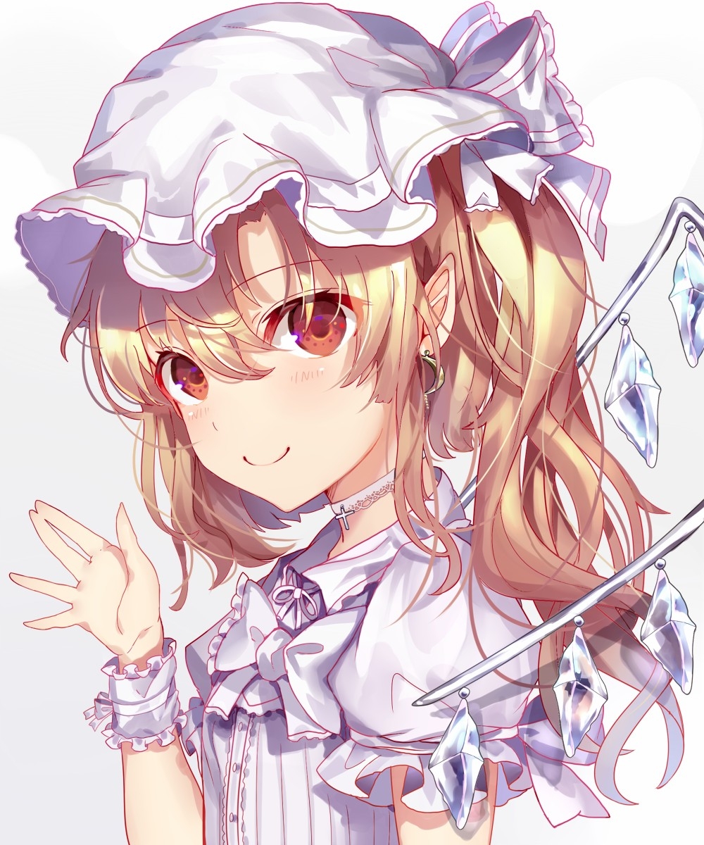 1girl alternate_color alternate_costume blonde_hair bow bowtie choker collared_shirt crescent crescent_earrings cross cross_necklace crystal earrings flandre_scarlet frilled_bow frilled_hat frilled_sleeves frills from_side hand_up hat hat_bow highres jewelry looking_at_viewer medium_hair mob_cap natsupi neck_ribbon necklace one_side_up pointy_ears puffy_short_sleeves puffy_sleeves red_eyes ribbon shirt short_sleeves side_ponytail simple_background smile solo touhou white_shirt wings wristband