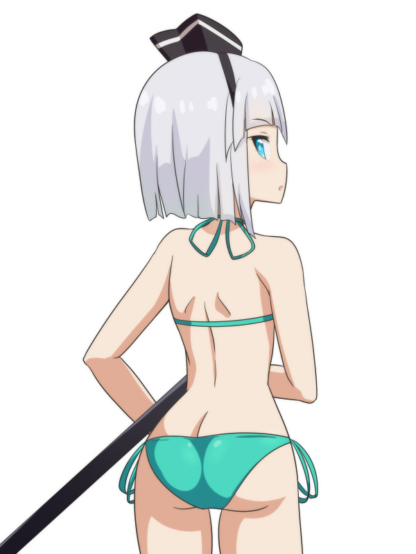 1girl aqua_bikini ass bare_shoulders bikini black_hairband blue_eyes cato_(monocatienus) commentary_request cowboy_shot from_behind hairband konpaku_youmu looking_at_viewer looking_back parted_lips sheath short_hair shoulder_blades side-tie_bikini silver_hair simple_background solo swimsuit touhou white_background