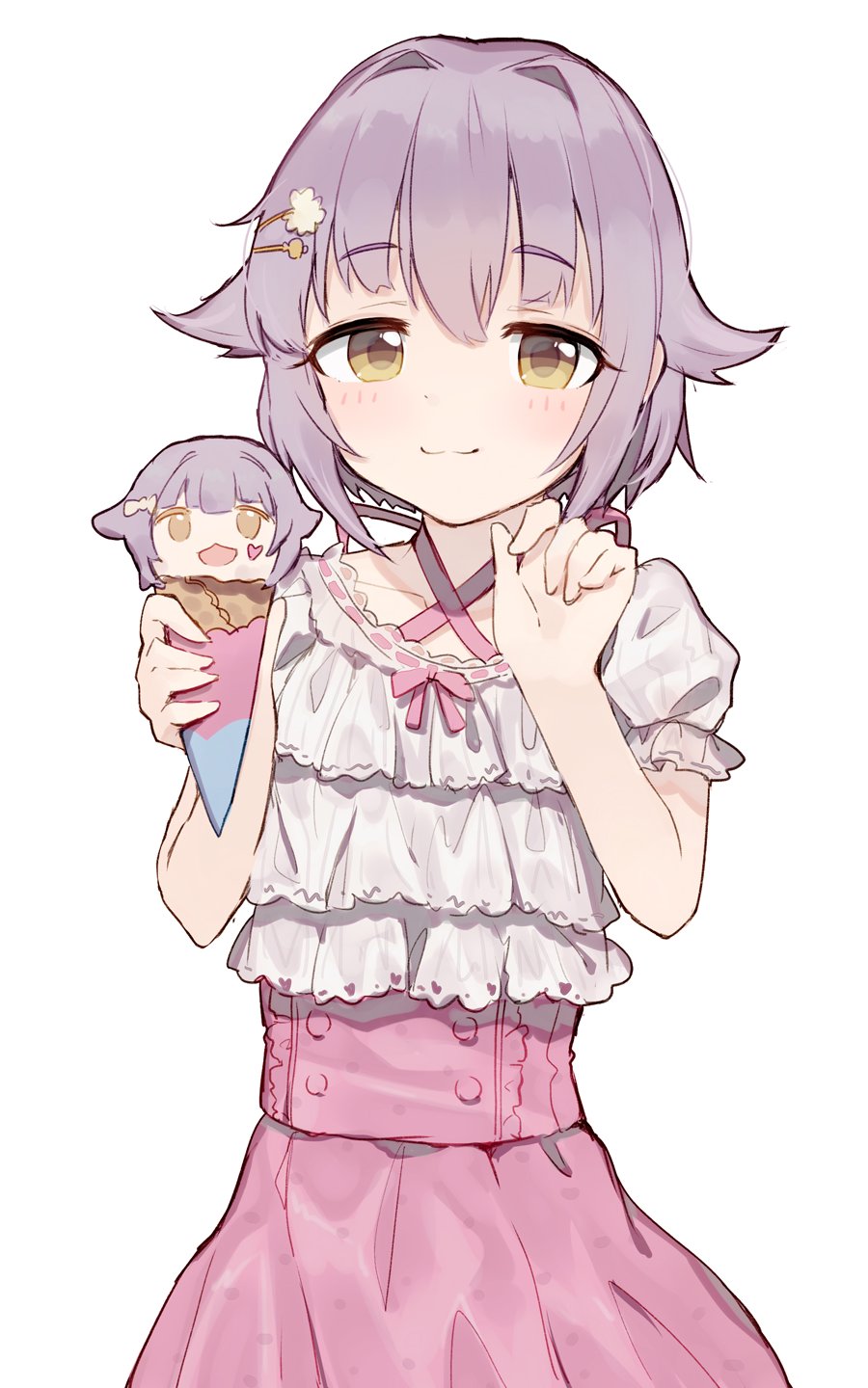 1girl :3 bangs collarbone eyebrows_visible_through_hair food food_request frills hair_flaps hair_ornament hairclip hands_up high-waist_skirt highres idolmaster idolmaster_cinderella_girls koshimizu_sachiko looking_at_viewer pink_skirt puffy_short_sleeves puffy_sleeves purple_hair shirt shone short_hair short_sleeves simple_background skirt smile solo white_background white_shirt