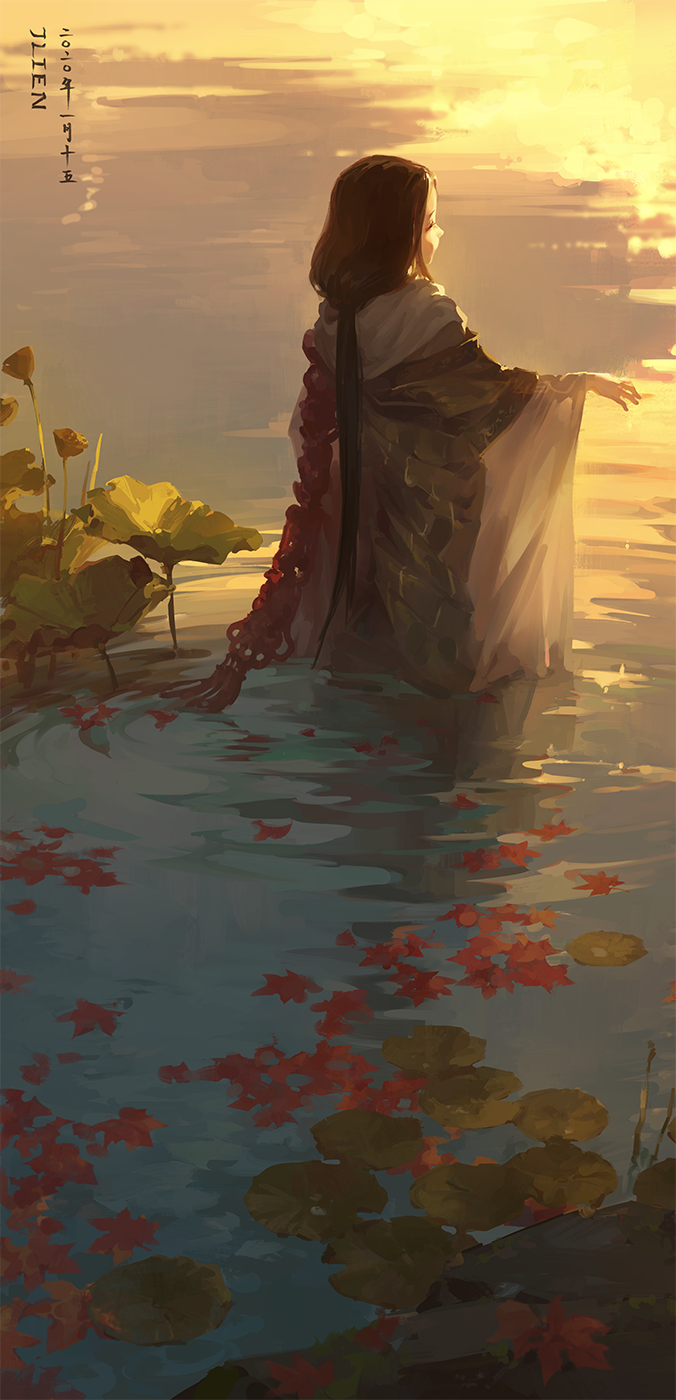 1girl artist_name black_hair brown_kimono capelet dated divine_child_of_rejuvenation full_body hand_up highres japanese_clothes jlien- kimono leaf lily_pad long_hair long_sleeves looking_away low_ponytail maple_leaf plant reaching rock sekiro:_shadows_die_twice solo standing tassel twilight wading water white_capelet wide_sleeves