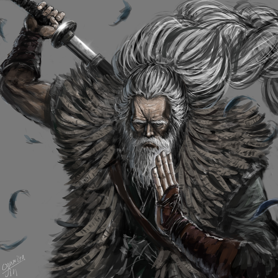 1boy arm_up artist_name beard black_kimono closed_mouth commentary_request facial_hair feather_trim feathers great_shinobi_owl grey_background grey_hair hand_on_own_chin holding holding_sword holding_weapon japanese_clothes katana kimono long_hair long_sleeves male_focus ogamiya_jin old_man ponytail scar scar_across_eye sekiro:_shadows_die_twice sheath simple_background solo sword unsheathing upper_body very_long_hair weapon weapon_on_back wrinkled_skin