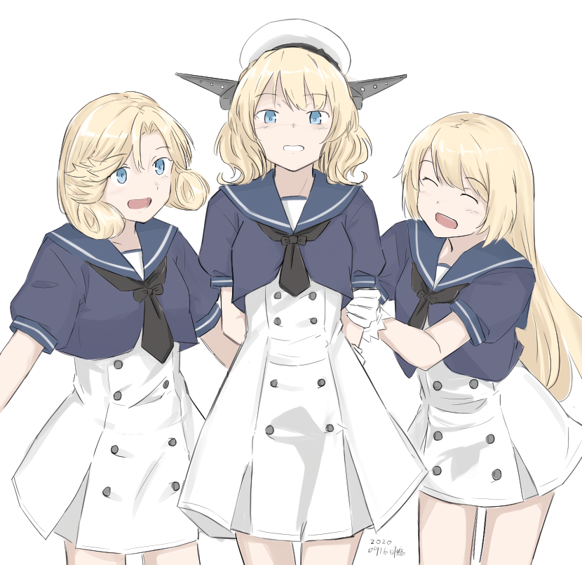 3girls bangs beret blonde_hair blue_eyes closed_eyes colorado_(kantai_collection) cosplay hat headgear janus_(kantai_collection) jervis_(kantai_collection) jervis_(kantai_collection)_(cosplay) kantai_collection kusakasima long_hair medium_hair multiple_girls open_mouth puffy_short_sleeves puffy_sleeves short_sleeves sidelocks smile very_long_hair