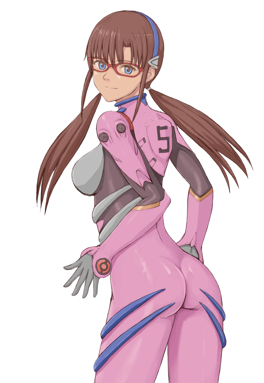 1girl bodysuit breasts closed_mouth evangelion:_2.0_you_can_(not)_advance glasses highres long_hair looking_at_viewer makinami_mari_illustrious neon_genesis_evangelion pink_bodysuit plugsuit popo_agaga rebuild_of_evangelion sideboob simple_background smile solo white_background