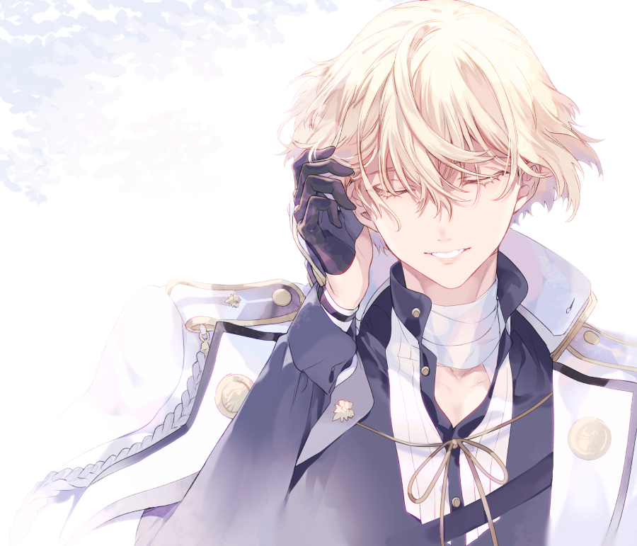 1boy black_gloves blonde_hair closed_eyes gloves hair_tucking higekiri_(touken_ranbu) jacket jacket_on_shoulders kuroemon lips male_focus smile touken_ranbu upper_body